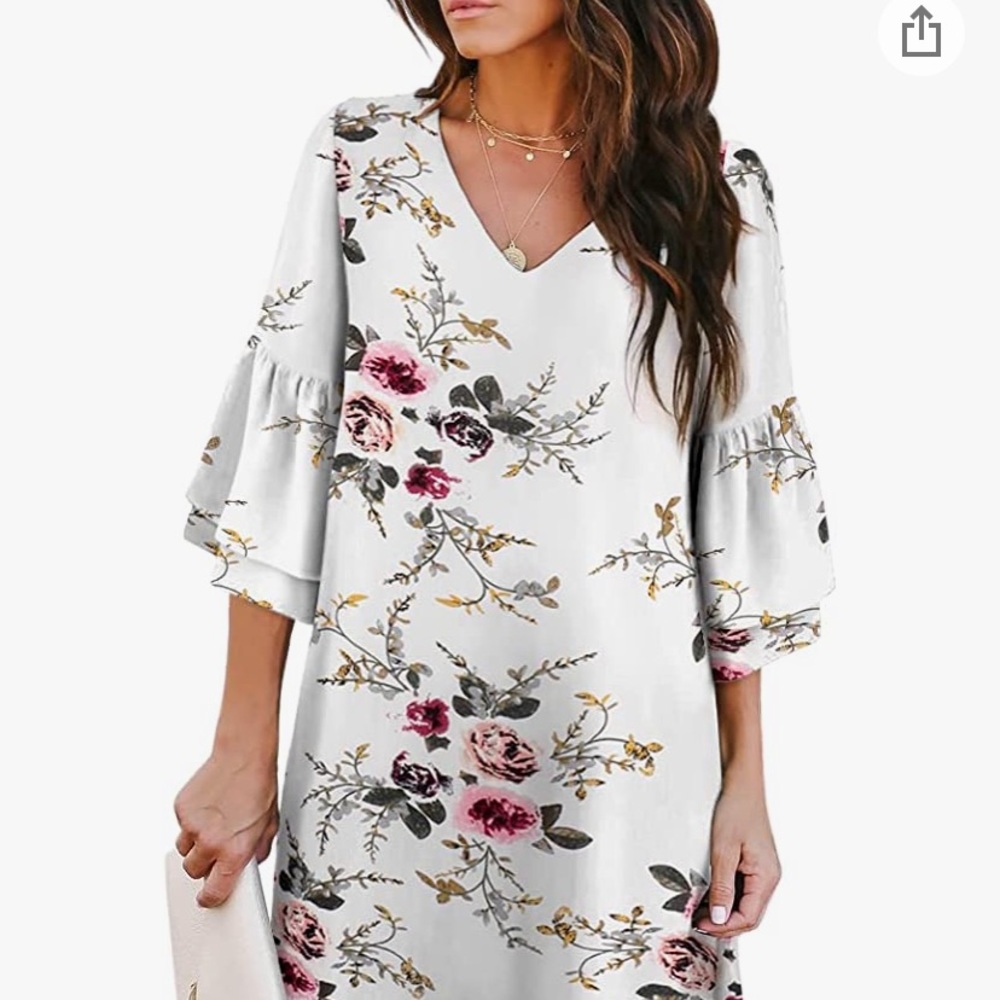 Belongsci White Floral Vneck Bell Sleeve Shift Dress